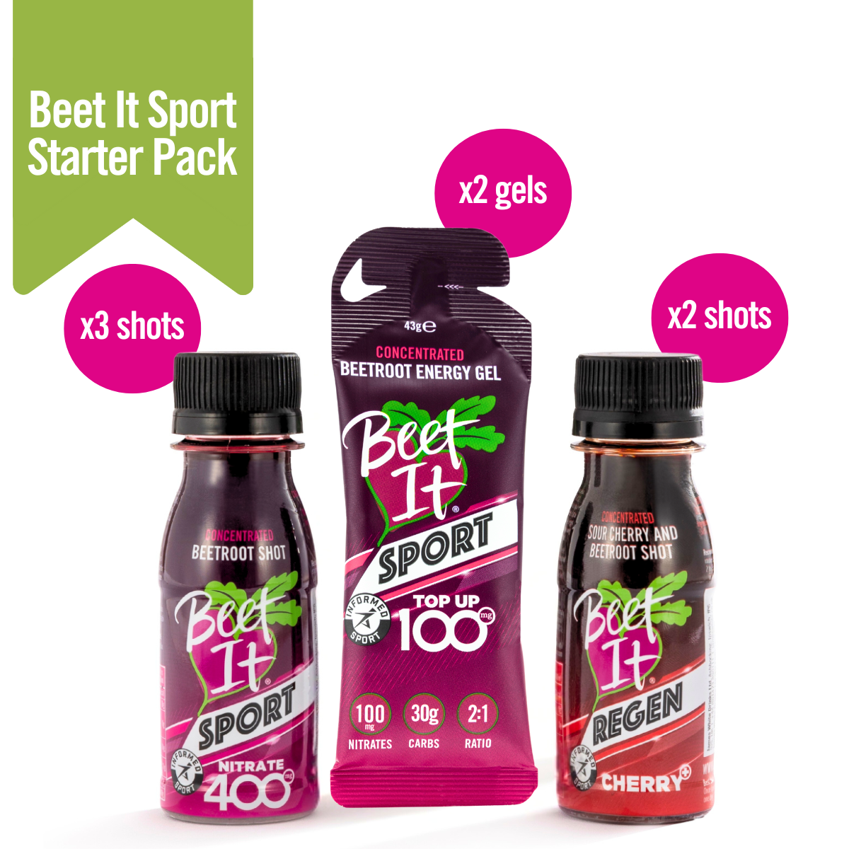 Beet It Sport Starter Pack - FREE delivery (3 x Nitrate 400, 2 x Regen Cherry+, 2 x Energy Gel Top Up 100)